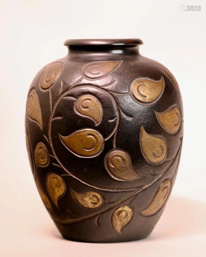 Japanese Deco Style Bronze Vase with Leaf Pattern