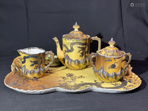 Japanese Tea Set with Tray - Silver Overlay Dragon