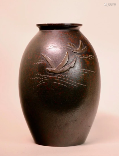 Japanese Bronze Mixed Metal Vase with Flying Fish