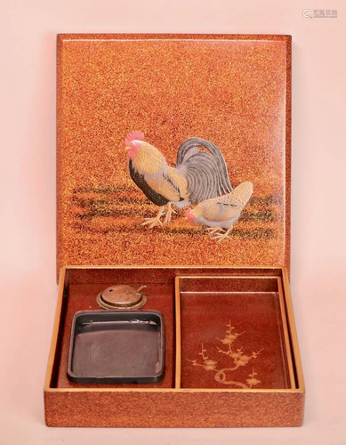 Japanese Lacquer Inkstone Box - Roosters