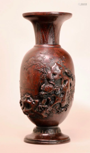 Japanese Meiji Bronze Vase - Crab and Rocks
