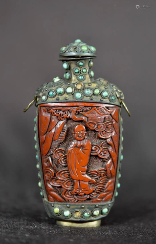 Chinese Cinnebar Snuff Bottle - Lohan