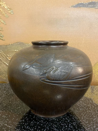 Japanese Bronze Vase with Duck Scene