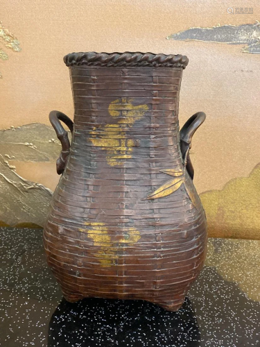 Japanese Bronze Vase Simulating Bamboo Basket