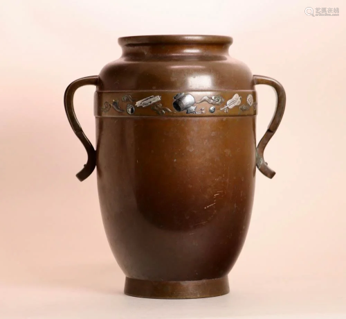 Japanese Mixed Metal Bronze Vase with Precious Ob…