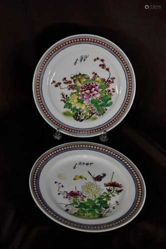 Pair Chinese Porcelain Dishes with Bird Motif