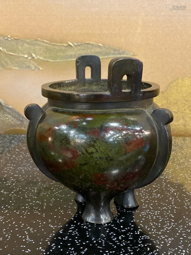 Japanese Bronze Censer with Splash Red Green Patina