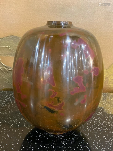 Japanese Ovoid Shaped Bronze Vase with Purple Spalsh