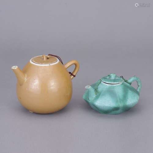 清 吹綠釉茶壺 連米黃釉茶壺