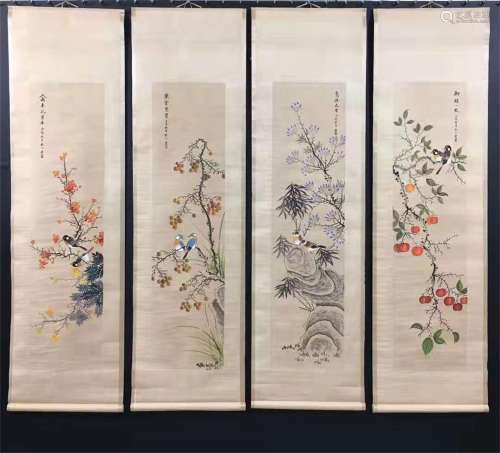 Four Chinese Scroll Paintings of Flowers and Birds by Tang Yun