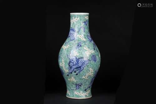 An Ancient Green Chinese Porcelain Vase Painted with the Blue and White Pattern of Kylin