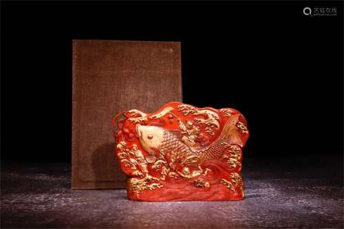 An Ancient Chinese Zhusha Decoration Carved with the Pattern of Fish(The Meaning of Luck)