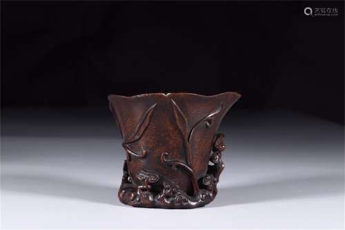 An Ancient Chinese Wooden Cup Carved with Glossy Ganoderma