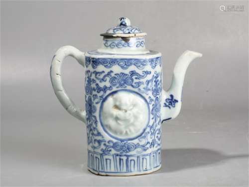 An Ancient Blue and White Chinese Porcelain Teapot Carved with Arhat
