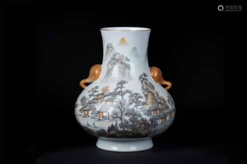 An Ancient Chinese Porcelain Vase Painted with the Landscape in the Color of Ink