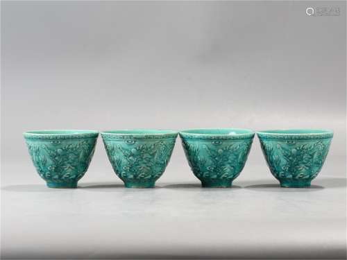 Four Ancient Green Glaze Chinese Porcelain Cups