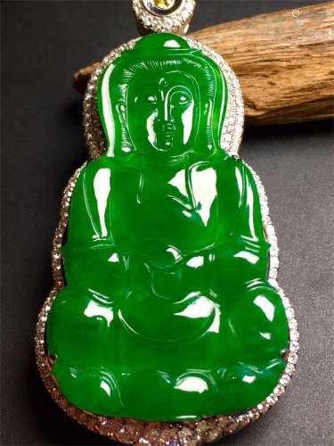 A Bing Yang Natural Green Jadeite Goddess of Mercy Pendant