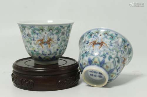 A Pair of Ancient Contending Colours Chinese Porcelain Cups