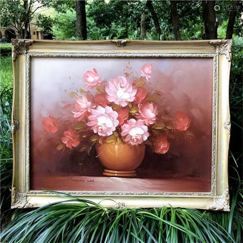 An American Oil Painting about Flowers with Signature