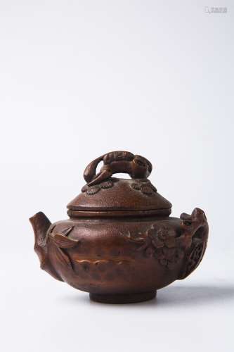 An Ancient Chinese Bamboo Teapot Carved with the Pattern of Pine Tree, Bamboo and Plum Blossoms