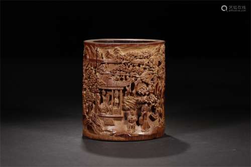 An Ancient Chinese Bamboo Brush Pot Carved with the Landscape
