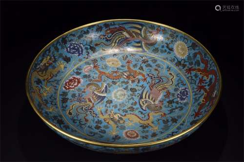An Ancient Cloisonne Enamel Chinese Gilt Bronze Plate Painted with the Pattern of Dragons and Phoenixes