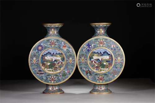 A Pair of Ancient Cloisonne Enamel Chinese Gilt Bronze Vases Painted with the Landscape