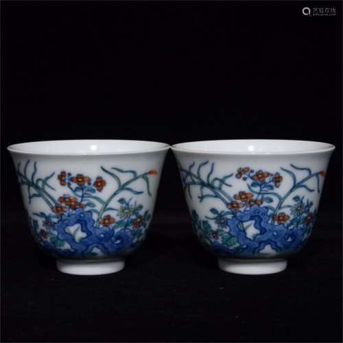 A Pair of Ancient Contending Colours Chinese Porcelain Cups