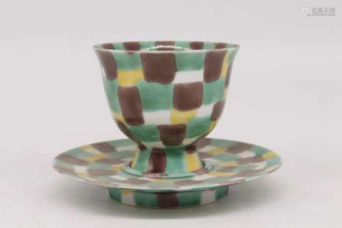 A Set of Chinese San-Cai Glazed Porcelain Cup and Plate