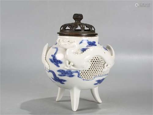 A Chinese Blue and White Porcelain Incense Burner with Hardwood Cover