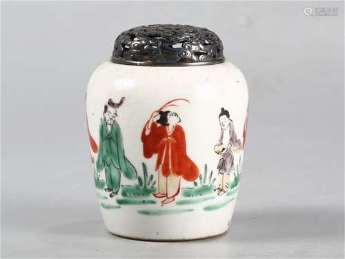 A Chinese Red and Green Glazed Porcelain Water Pot with Hardwood Cover