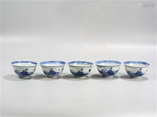 A Set of Five Chinese Blue and White Porcelain Cups