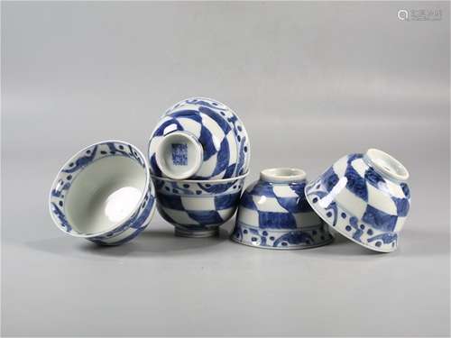 A Set of Five Chinese Blue and White Porcelain Cups