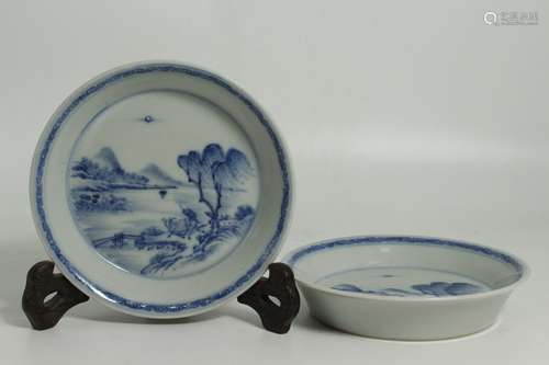 A Pair of Chinese Blue and White Porcelain Plates