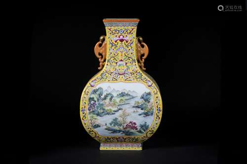 A Chinese Yellow Ground Famille-Rose Porcelain Vase