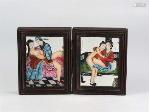 A Pair of Chinese Glass Painting with Rosewood Framed