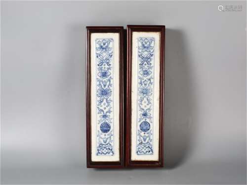 A Pair of Chinese Wood Boxes with Blue and White Porcelain Plaques Inlaid