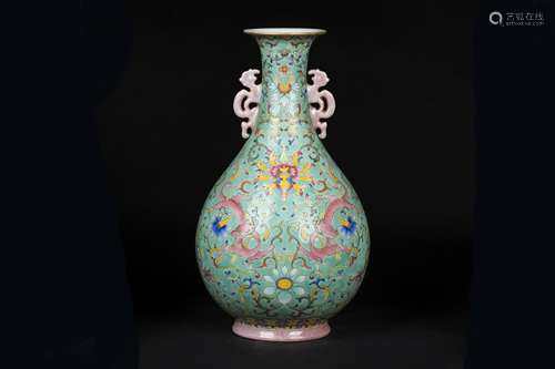 A Chinese Green Ground Famille-Rose Porcelain Vase