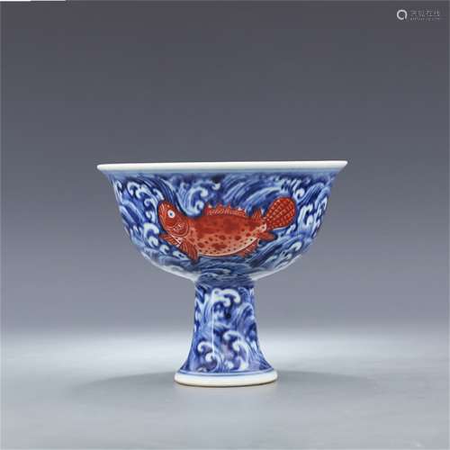 A Chinese Iron-Red Blue and White Porcelain Stem-Bowl