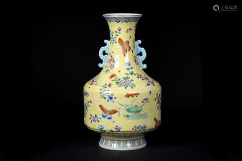 A Chinese Yellow Ground Famille-Rose Porcelain Vase