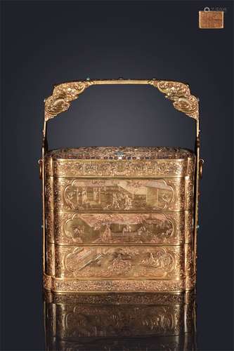 A Chinese Gilt Bronze Square Box with Cover