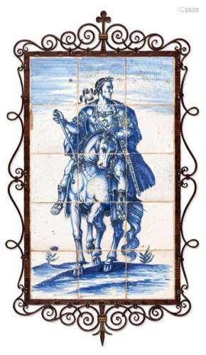Tile tableau. Netherlands, 19th century. H. 70/96 cm. Julius Caesar on horseback from the series of the 12 Emperors. After an engraving by Adriaen Collaert after Jan van der Straet. 15 tiles with blue painting, in wrought-iron frame. Ber. 