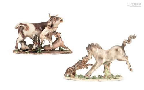 A pair of rare animal groups. Nymphenburg, c. 1765. L. 22.5 cm. Horse attacked by a leopard. Bull attacked by three dogs. Moving animal groups on flat landscape pedestals. Polychrome staggered. Models probably by Dominikus Auliczek the Elder Group of horses with pressed rhombic shield on the base. Rest, burn cracks, best. 