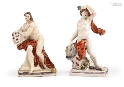 Genius of Fame - Genius of Astronomy. Nymphenburg, c. 1765/70. H. 10/11 cm. Two allegorical figures with attributes. Cold-painted. Pressed diamond shields, pressed 