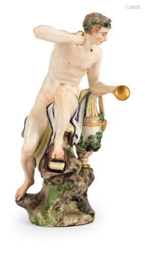 Cymbal-banging satyr. Ludwigsburg, c. 1765/70. H. 21.5 cm. Model by Johann Chr.Fr.W. Beyer from the year 1764, polychrome decorated and gilded. Blue CC badge. L. rest. Provenance: South German private collection. Acquired at Nagel Auctions 392S, 6/2004, lot 184; see Flach, no. 360.