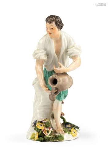 Gardener with watering can. Meissen, circa 1760. H. 11.5 cm. Model by Johann J. Kändler, ca. 1760. Colourfully decorated. Remains of blue sword mark on the base. Best. Provenance: From old South German private property.