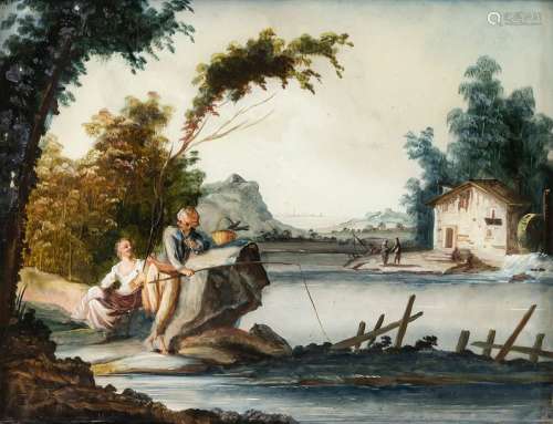 Painting behind glass - fishing couple in a river landscape. Augsburg, mid-18th century. 19 by 25.5 cm. Transparent colours. L. ber. Old frame. Provenance: From a Franconian private collection.