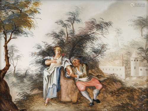 Painting behind glass - farmers' couple. Augsburg, mid-18th century. 19 by 25.5 cm. Transparent colours. Rural couple in landscape. Ber. Original frame. Provenance: From a Franconian private collection.