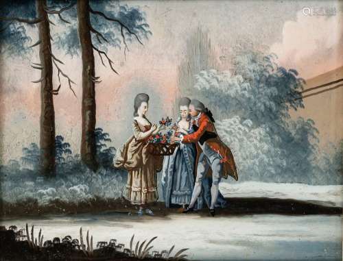 painting behind glass - Galante Group. Augsburg, about 1770/80. 19.5 x 25.5 cm. Rococo gentleman and two ladies with flower basket in a park landscape. Transparent colours. Min ber. Old frame. Provenance: From a Franconian private collection.
