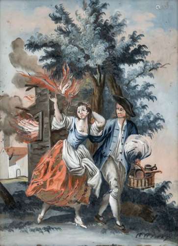 Painting behind glass - the element fire. Augsburg, second half of the 18th century. 25 x 19.5 cm. Allegory 